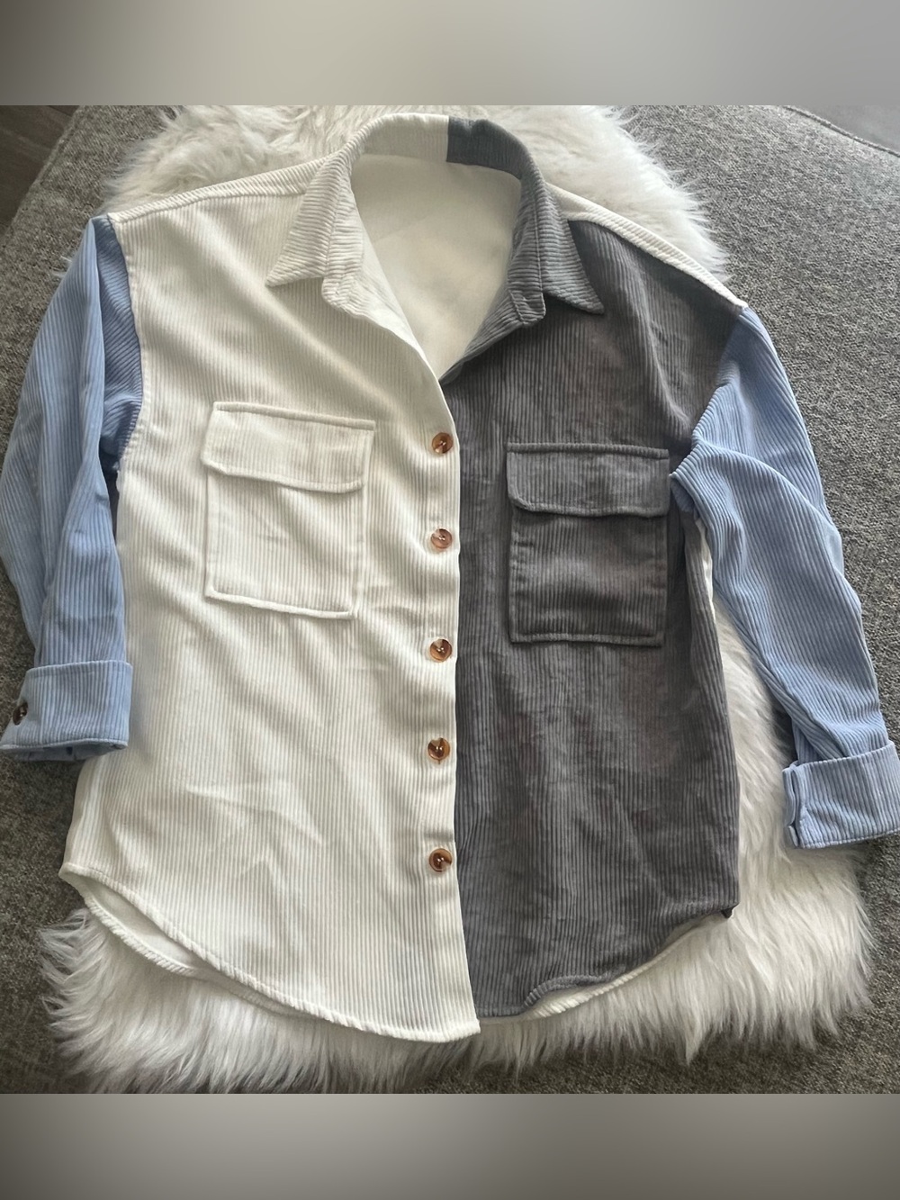 Source Unknown Colorblock Corduroy Button-Up Shirt in Cream, Gray & Blue